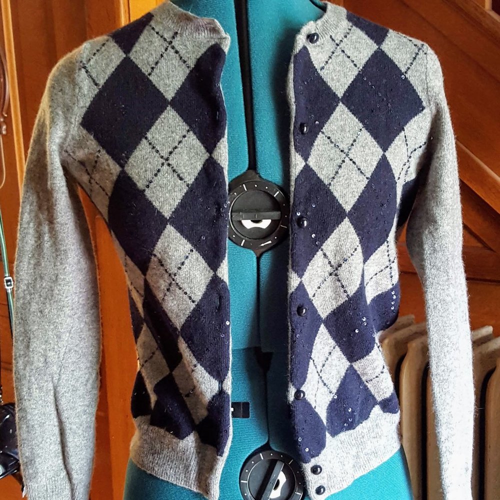 J. Crew Blue & Gray Plaid Checkered Wool Cardigan